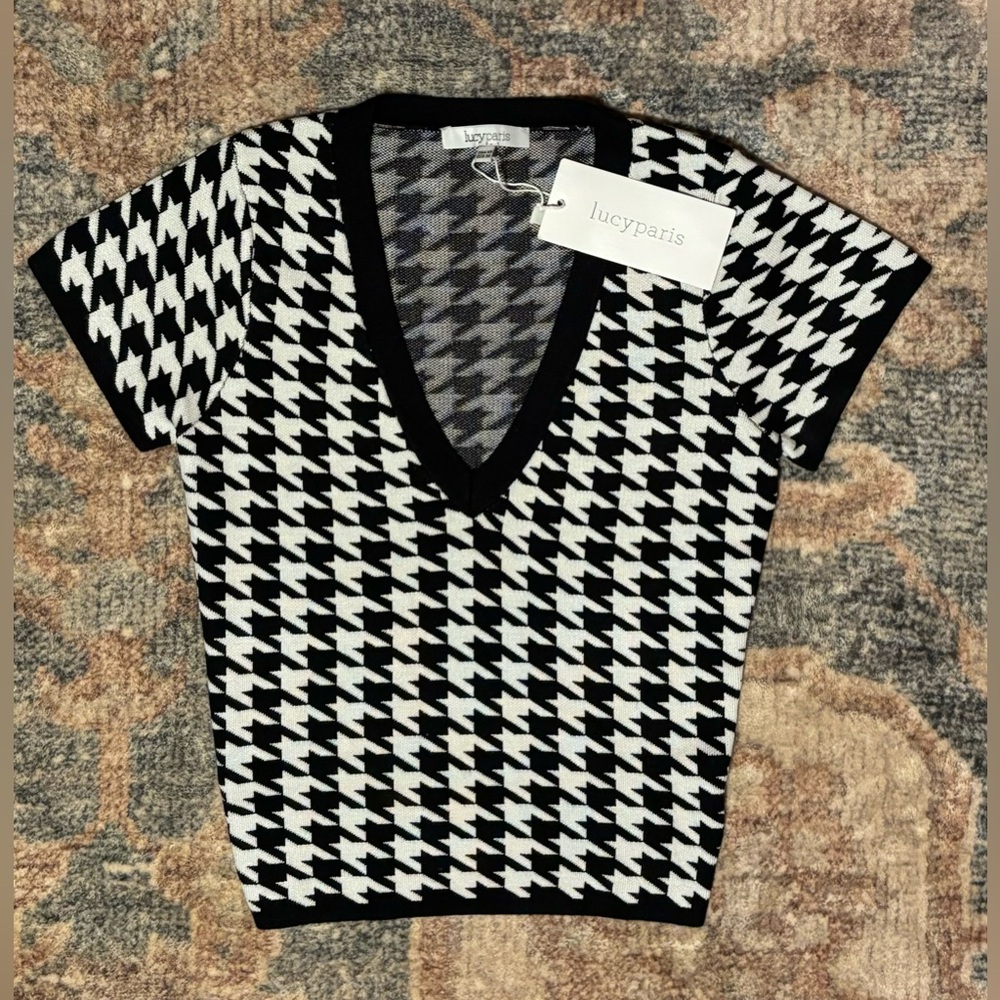 Lucy Paris V-Neck Sweater in Black and White Houndstooth